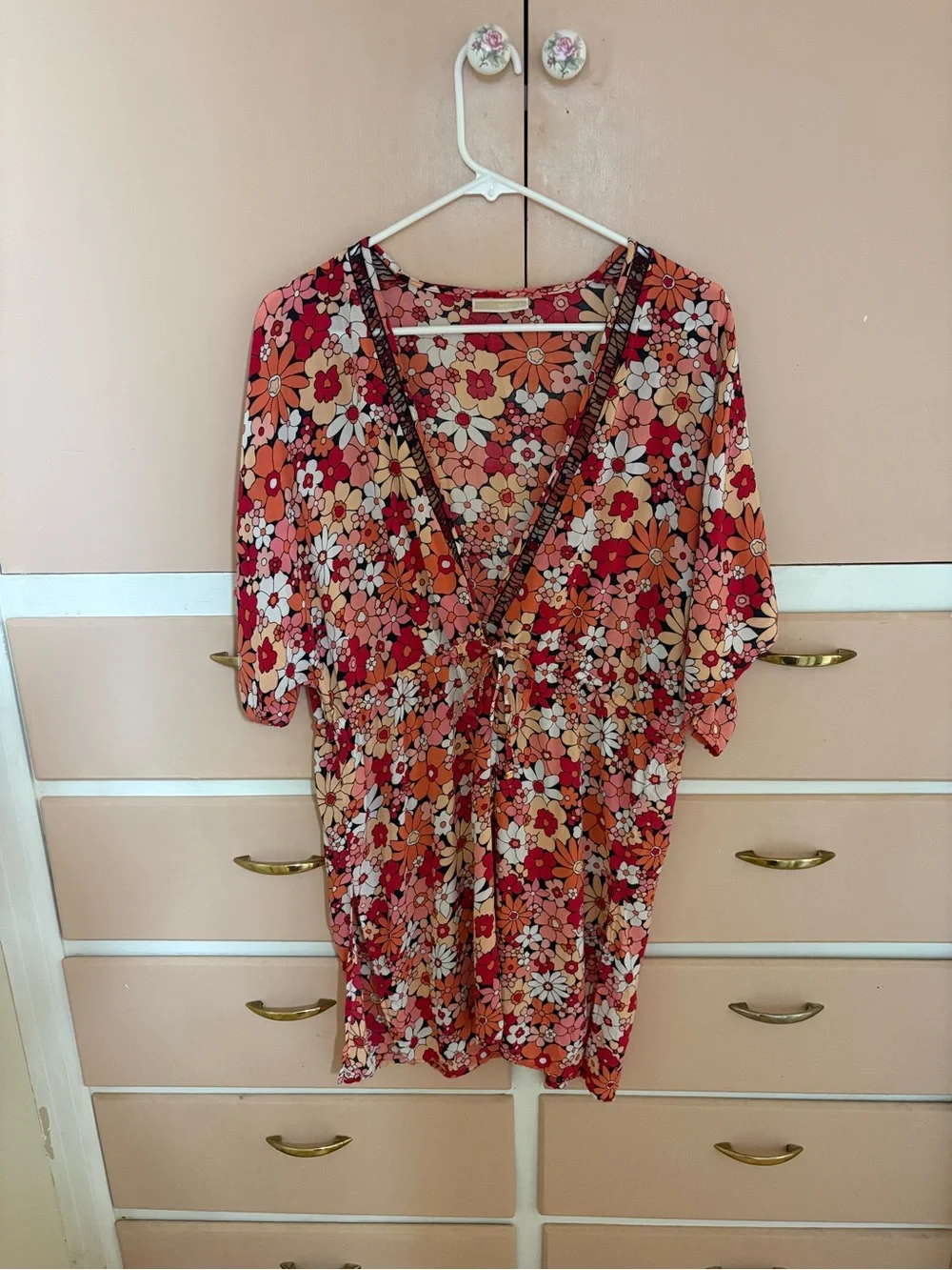 Michael Kors Floral V-Neck Tunic in Coral, Pink & Orange